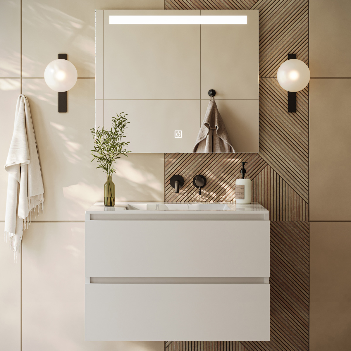 Fontana Rovigo badmeubel 80cm wit mat met witte wastafel zonder kraangat en spiegel met verlichting