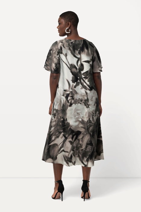 Midikleid, Blüten, Ziersteine, V-Ausschnitt, Halbarm