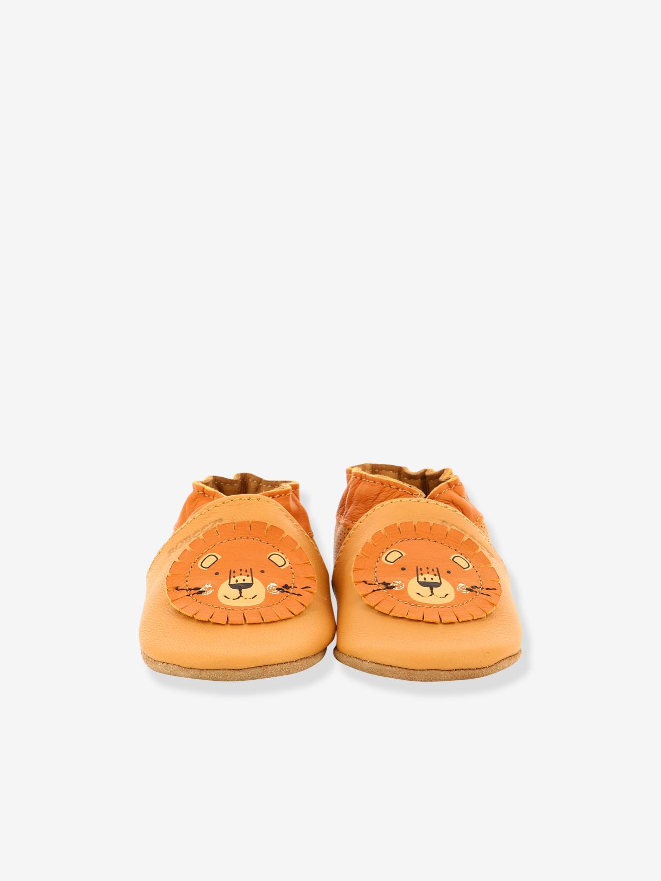 Pantufas de bebê Grooar ROBEEZ© em couro leve, marrom claro liso com estampas.