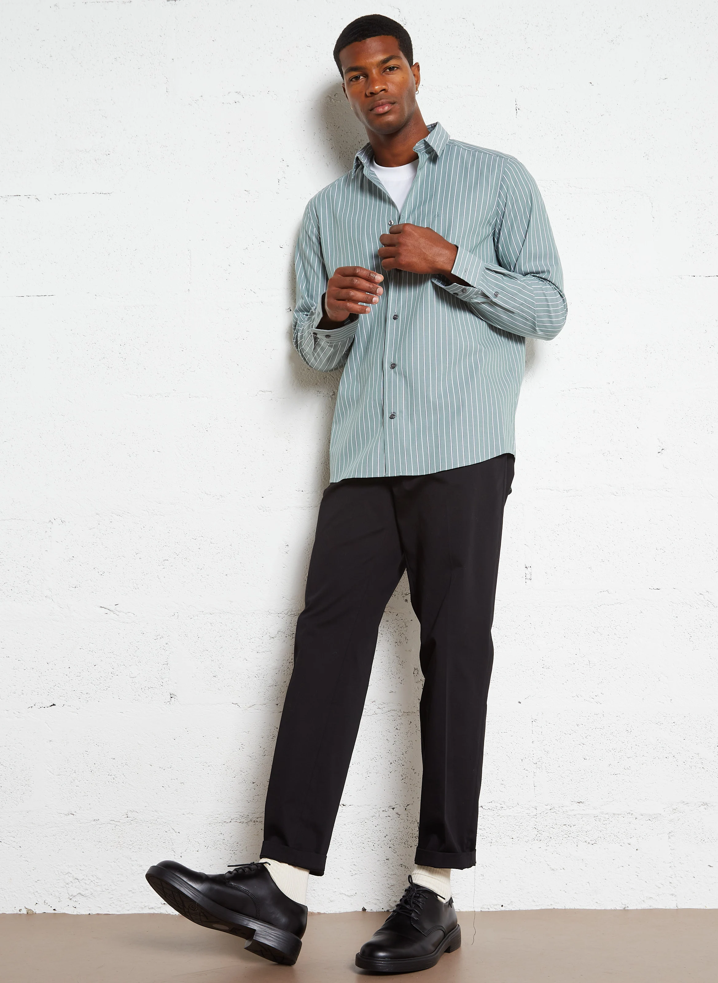 Chemise droite rayée en coton bio mélangé | Vert