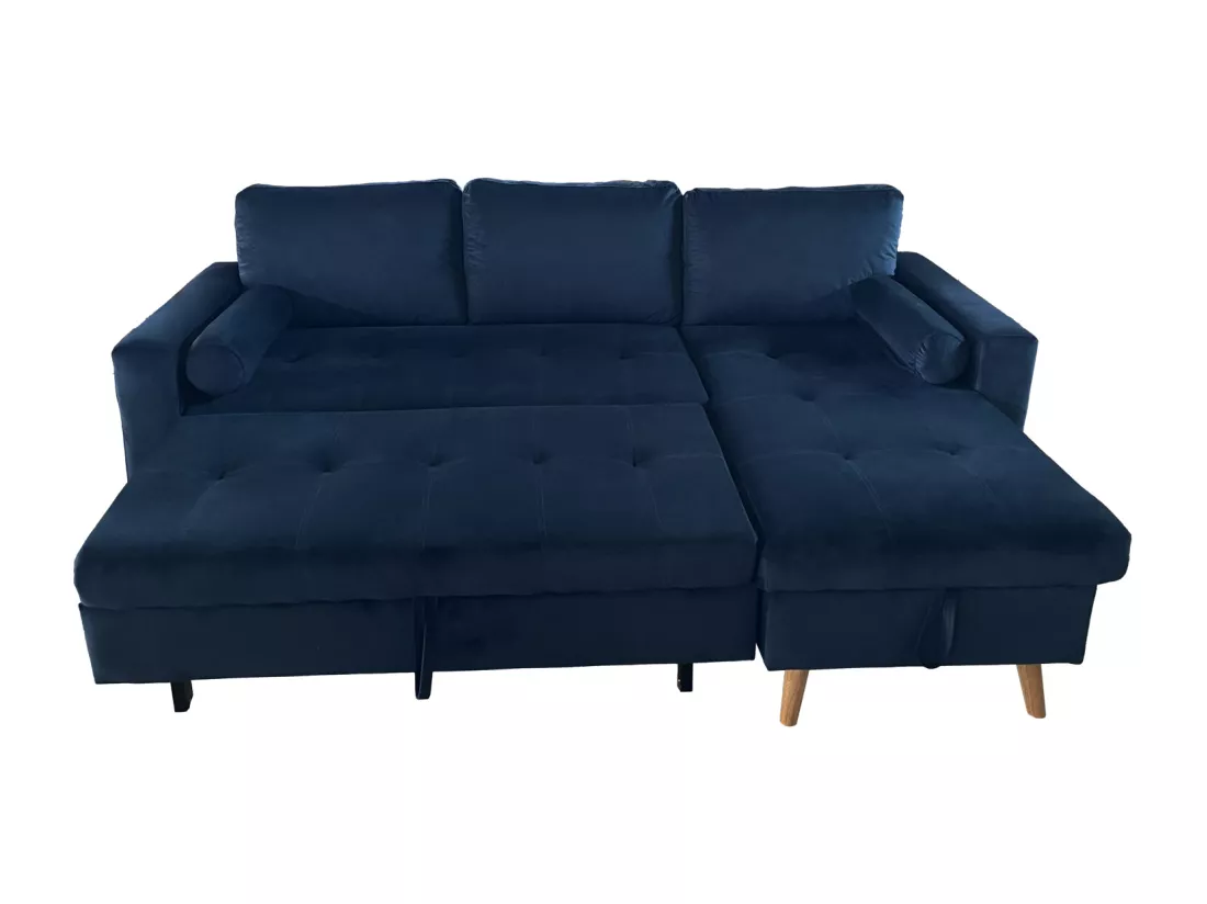 Canapé d'angle convertible JAMES 3 places en velours bleu - HAPPY GARDEN