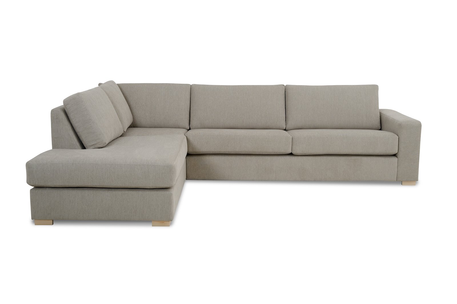 Modern Living hjørnesofa 3-seter med åpen ende venstre fast. I tekstil Kall 9 Cappuchino, Arm A og ben 1. Faste puter og skum kvalitet