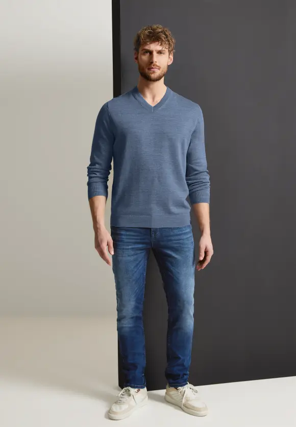 Melange V-Neck Pullover - smoky blue