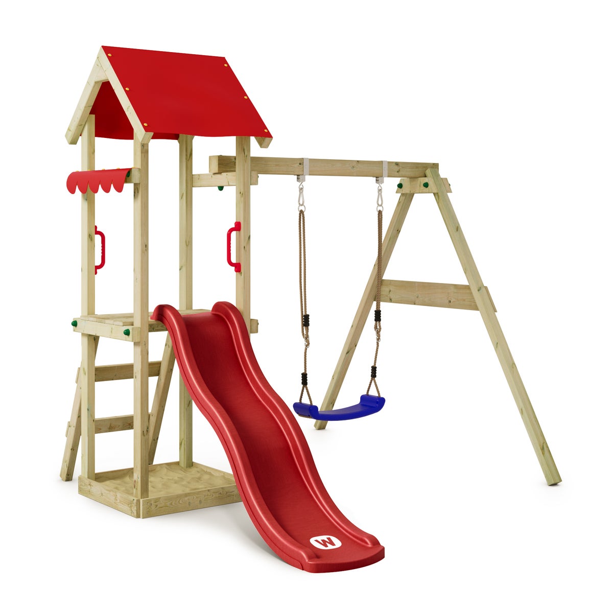 WICKEY TinyWave Speeltoren Klimrek met Schommel en Glijbaan, Klimtoren met Zandbak, Ladder en Speelaccessoires - Rood