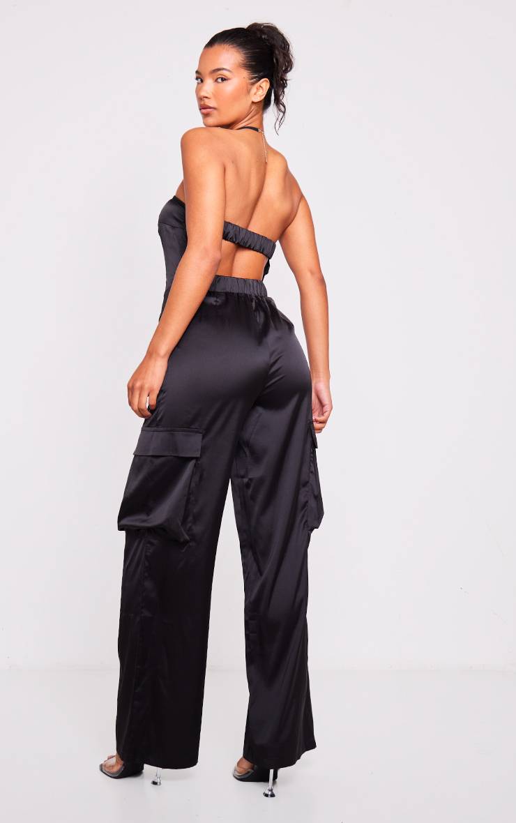 Noir Combinaison Cargo Évasée Bustier En Satin