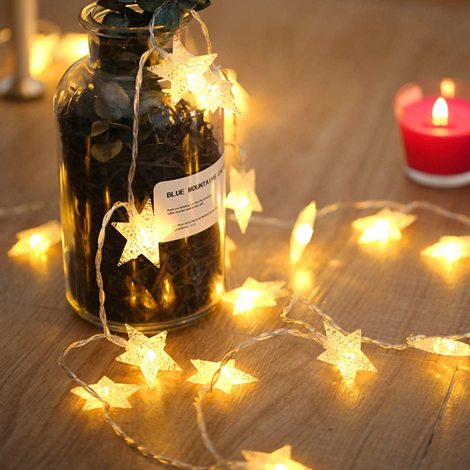 (7m) 50 LED's Weihnachts Deko Lichterkette Sternen Beleuchtung (Batteriebetrieben) - Warmweiss