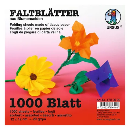 URSUS Faltblätter Blumenseide ca. 12 x 12 cm, 20 g/qm, 1000 Blatt sortiert in 10 Farben