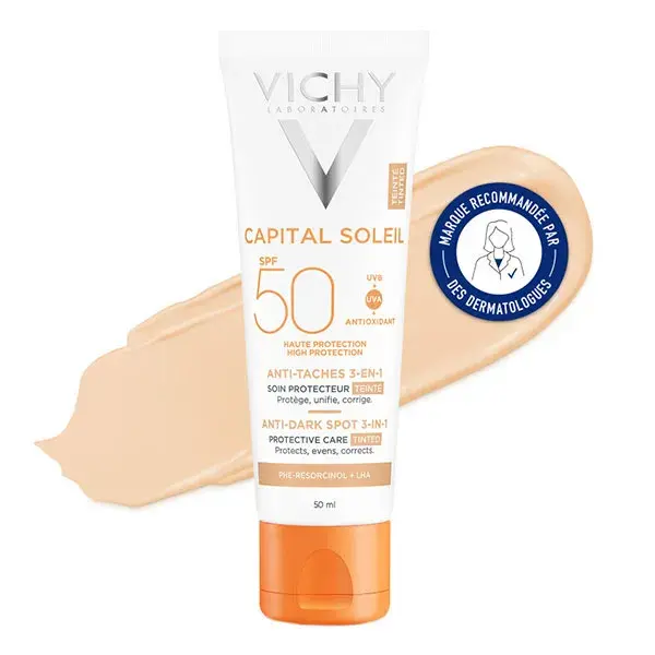 Protetor solar facial com cor e antimanchas Vichy Capital Soleil 3 em 1 FPS 50 50ml