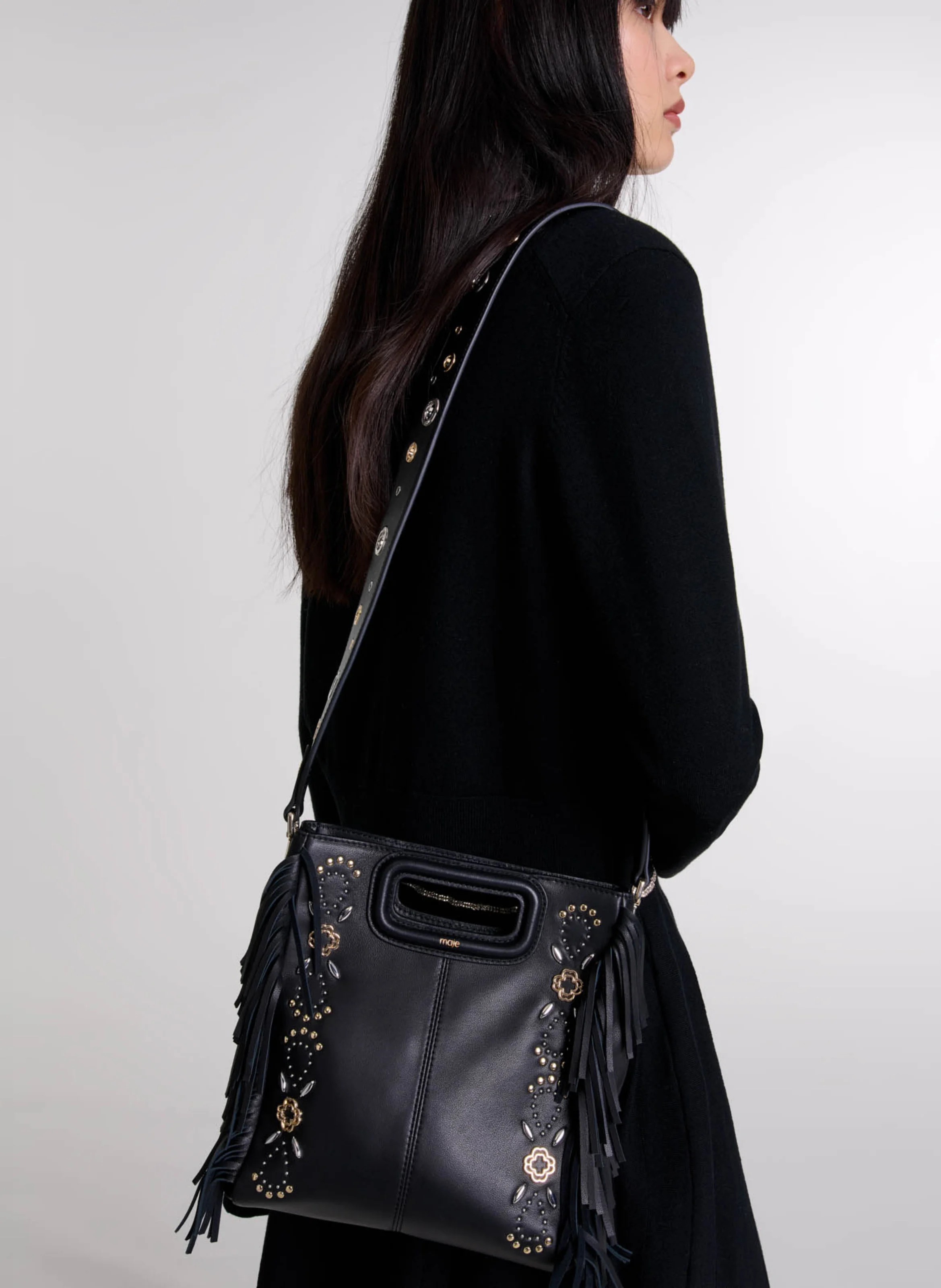 M - Sac à main en cuir à franges | Noir