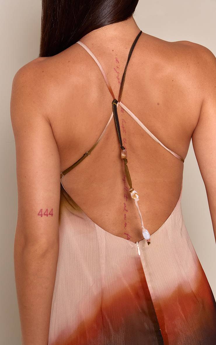 Vert Robe Longue En Mousseline À Imprimé Rayures Avec Encolure Dos-nu Et Détails Perlés