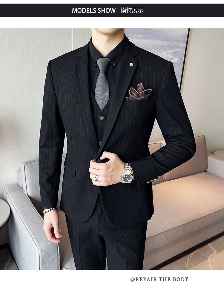 Blueforce - Gestreepte blazer met één knoop / Hoge taille rechte broek / Set