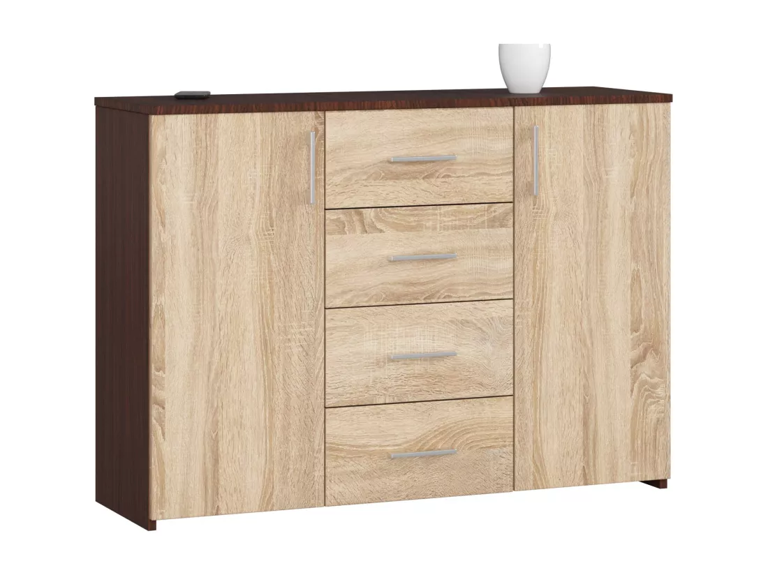 Commode AKORD K45 Wengé 110 cm 2 portes 4 tiroirs façade Chêne Sonoma 4 étagères 110x35x80 cm