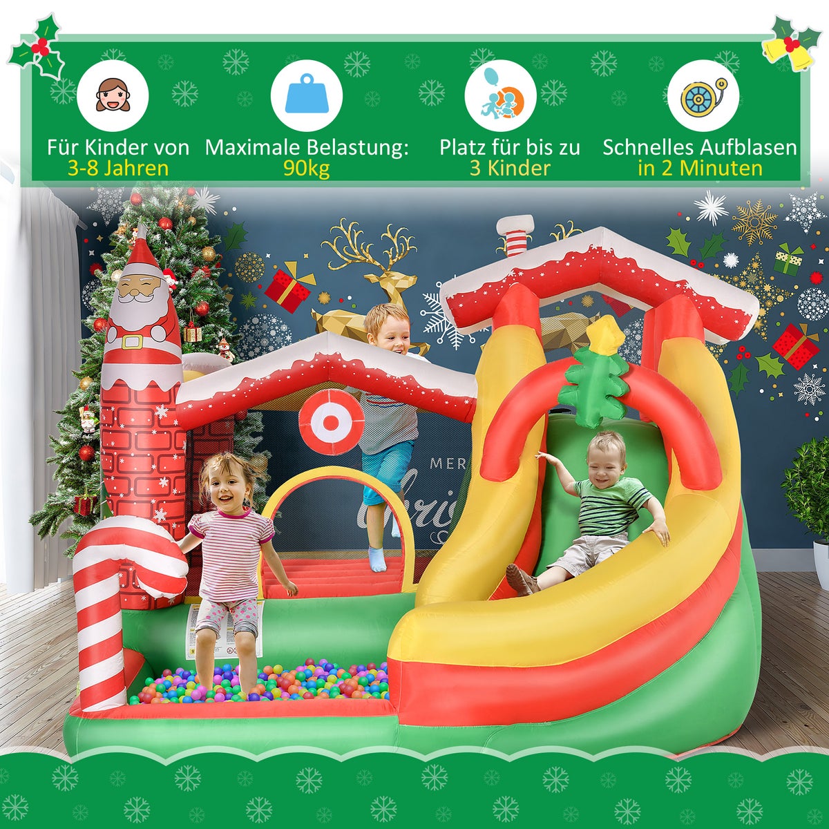 Opblaasbaar springkasteel Outsunny, 290 x 280 x 220 cm, Oxford-stof + polyester, rood + groen + wit