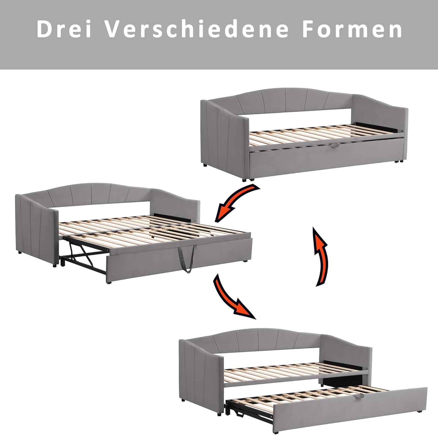 Kayan Polsterbett Ausziehbares Schlafsofa 90/180 * 200 cm mit Lattenrosten, Multifunktionsbett aus hautfreundlichem Samtstoff (Grau)