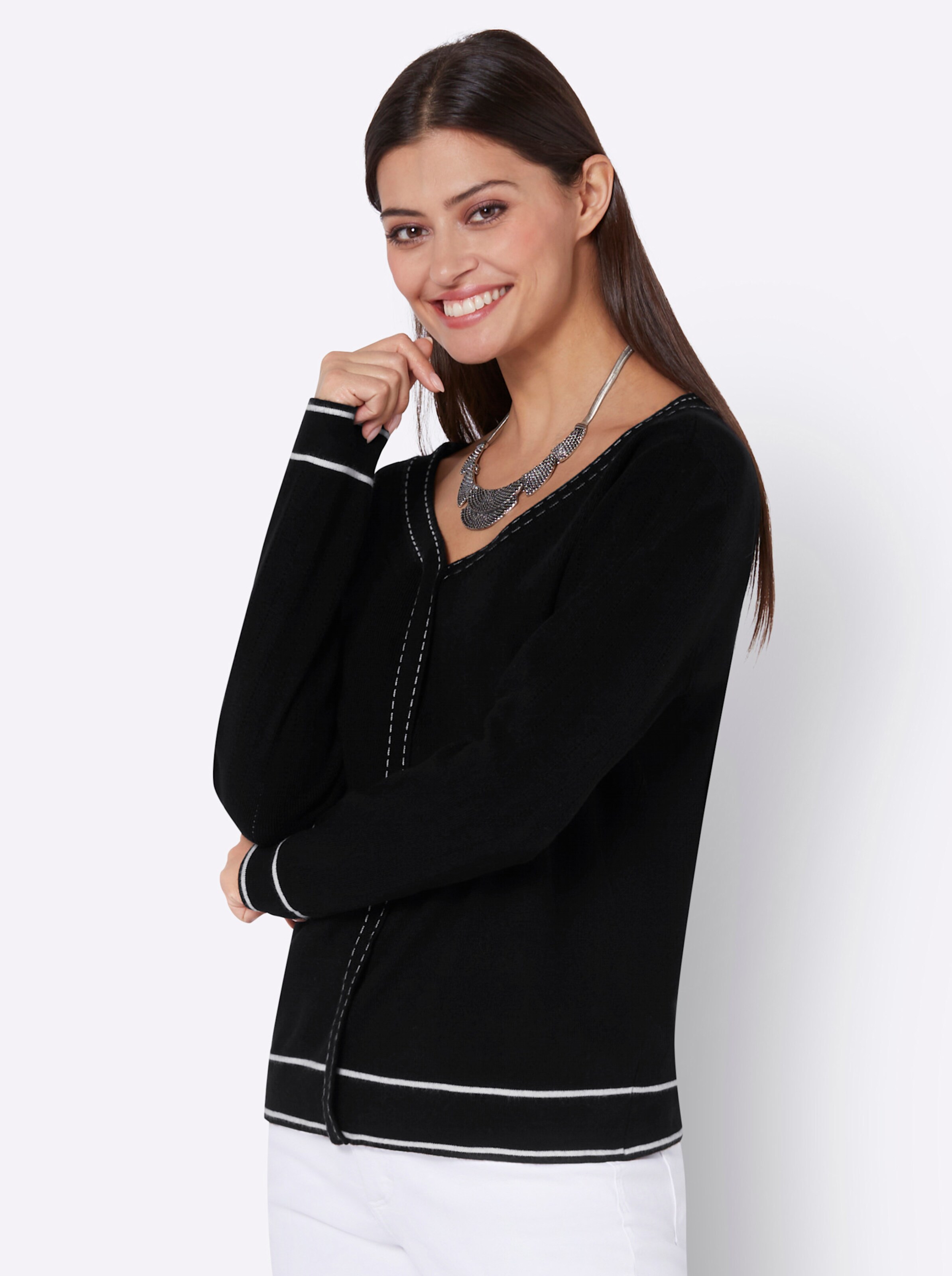 Modal-Viskose-Pullover in schwarz-ecru
