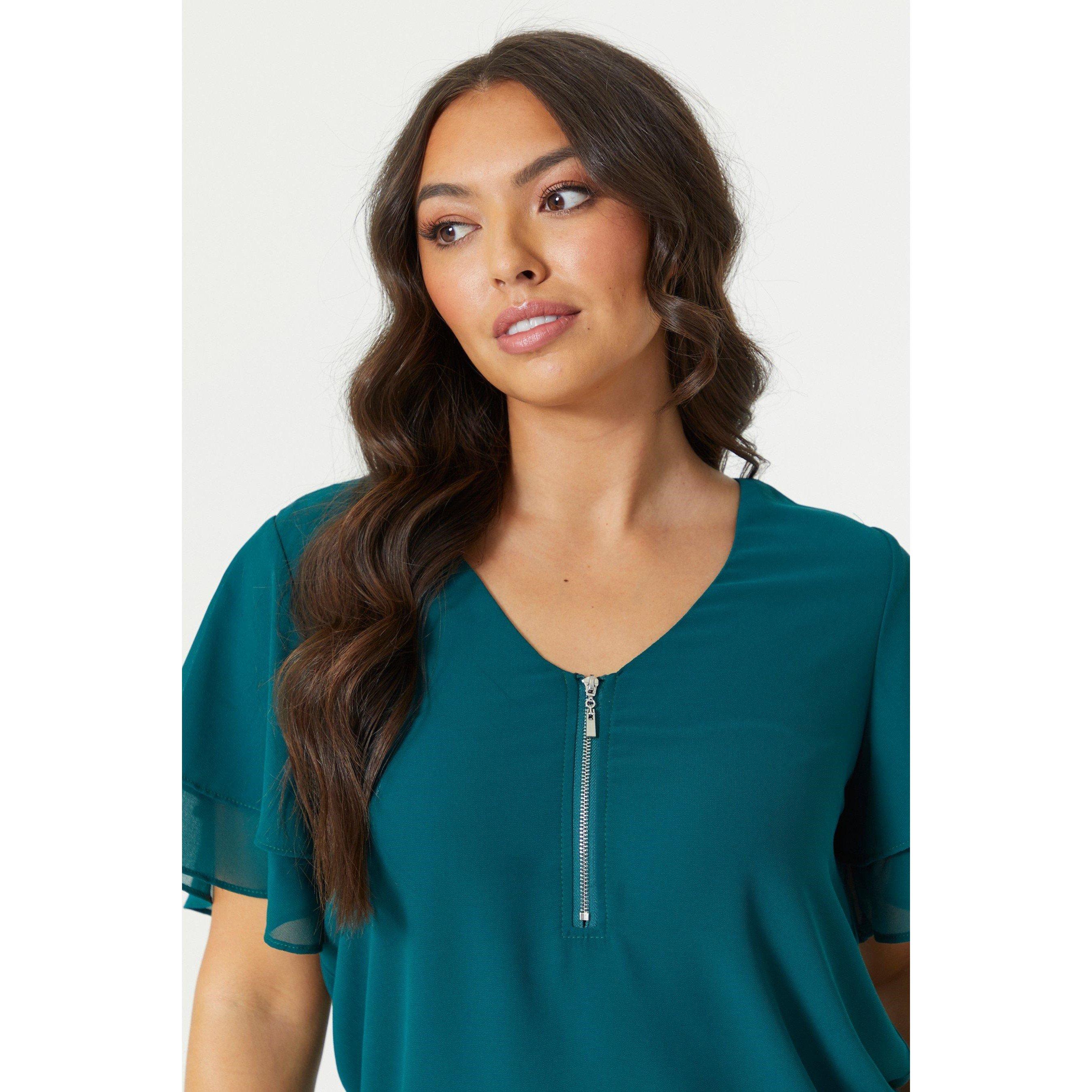 Be You Ladies Flutter Sleeve Zip Chiffon Top