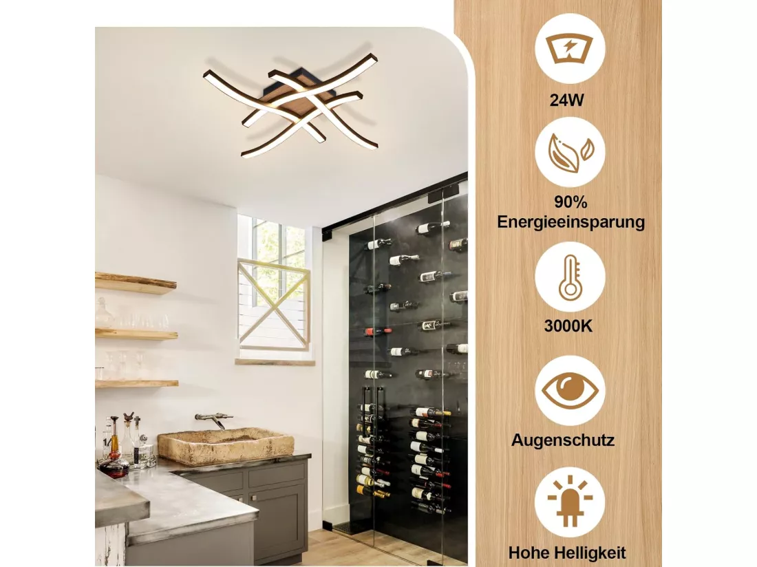 NETTLIFE plafonnier LED 24W bois 3000K blanc chaud design moderne métal noir