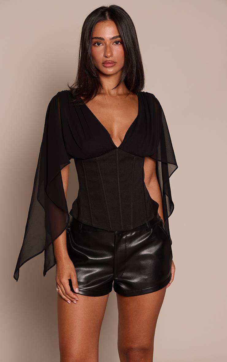 Noir Haut Petite En Mousseline À Manches Drapées Et Taille Corset