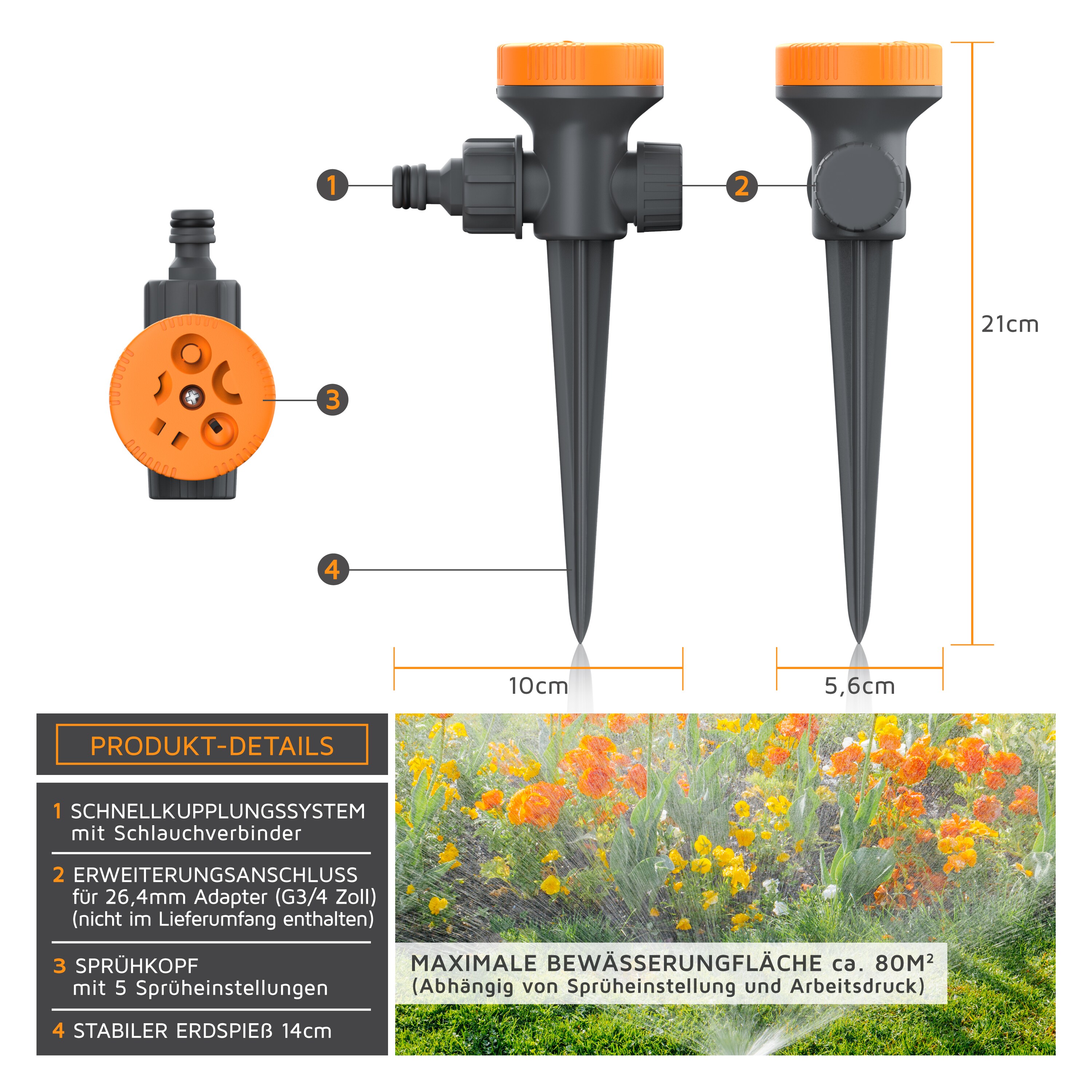 Brandson 4x Rasensprenger 5 Fach Rasensprinkler, Flächenregner Garten Sprinkler, Kreis Halbkreis Viertelkreis Fächer beidseitig Strahl, Wählscheibe