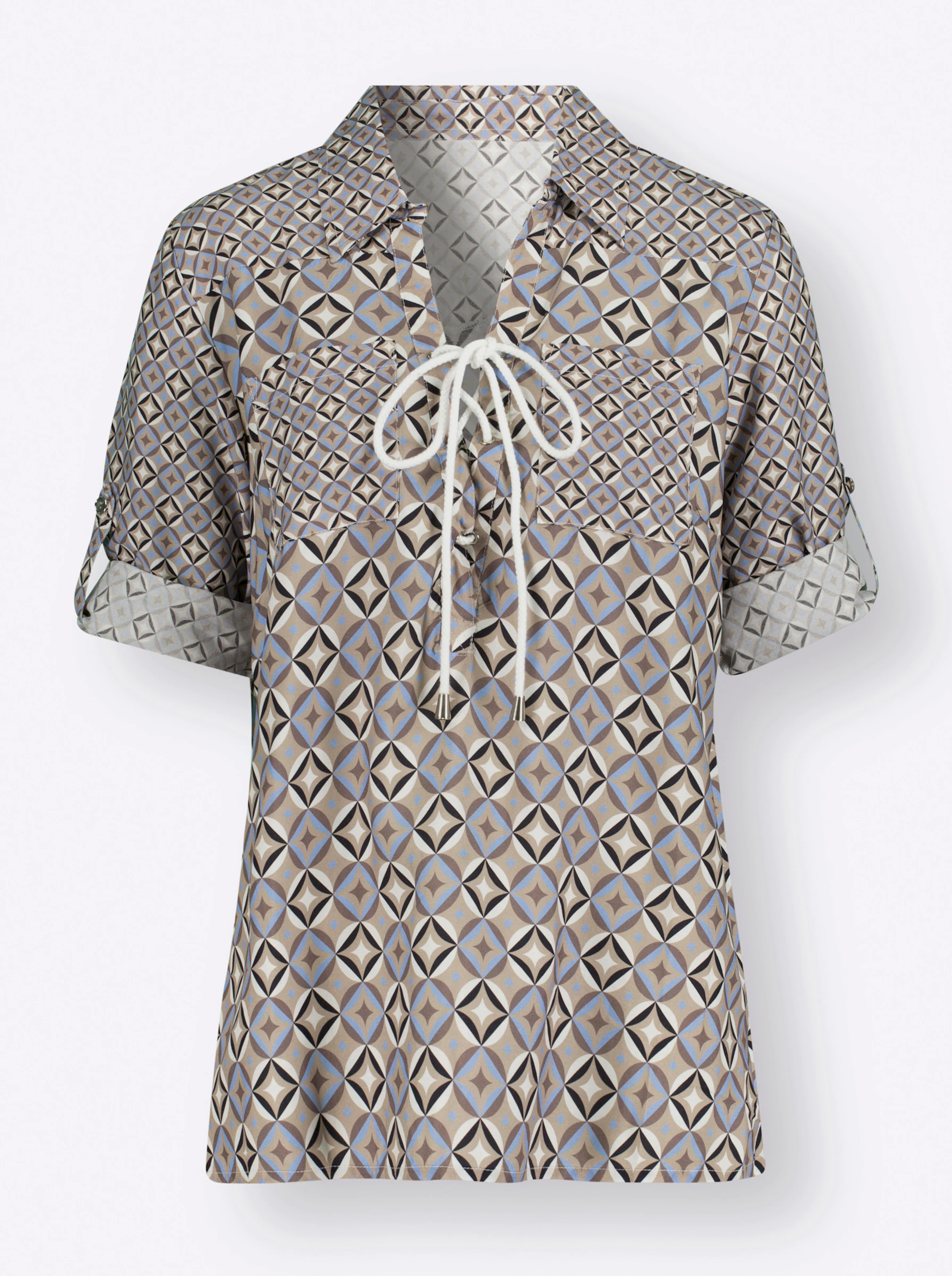 Druckbluse in dunkeltaupe-marine-bedruckt