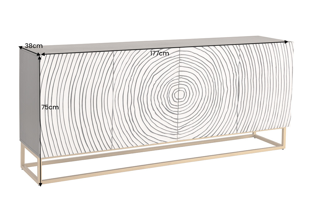 Massives Sideboard ZEN CIRCLES 180cm weiß schwarz gold Mangoholz 3D-Design