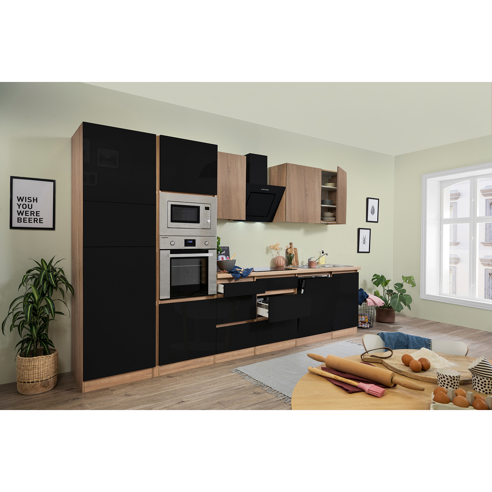 RESPEKTA Küchenblock - schwarz Hochglanz-Eiche Sägerau - mit E-Geräten - 345 cm