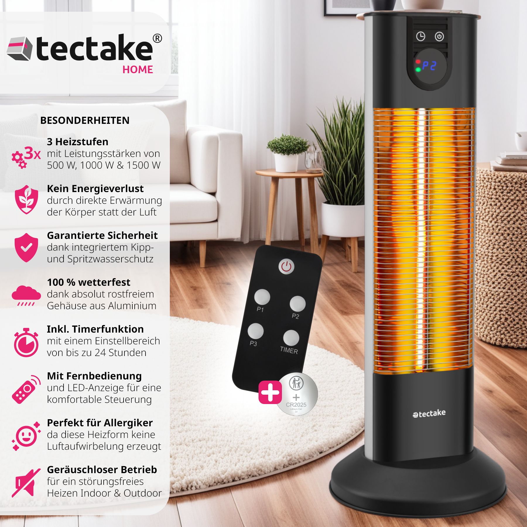 tectake® Infrarotheizstrahler, 3 Leistungsstufen 500, 1000 und 1500 W, Aluminiumgehäuse, 29 x 29 x 76,5 cm