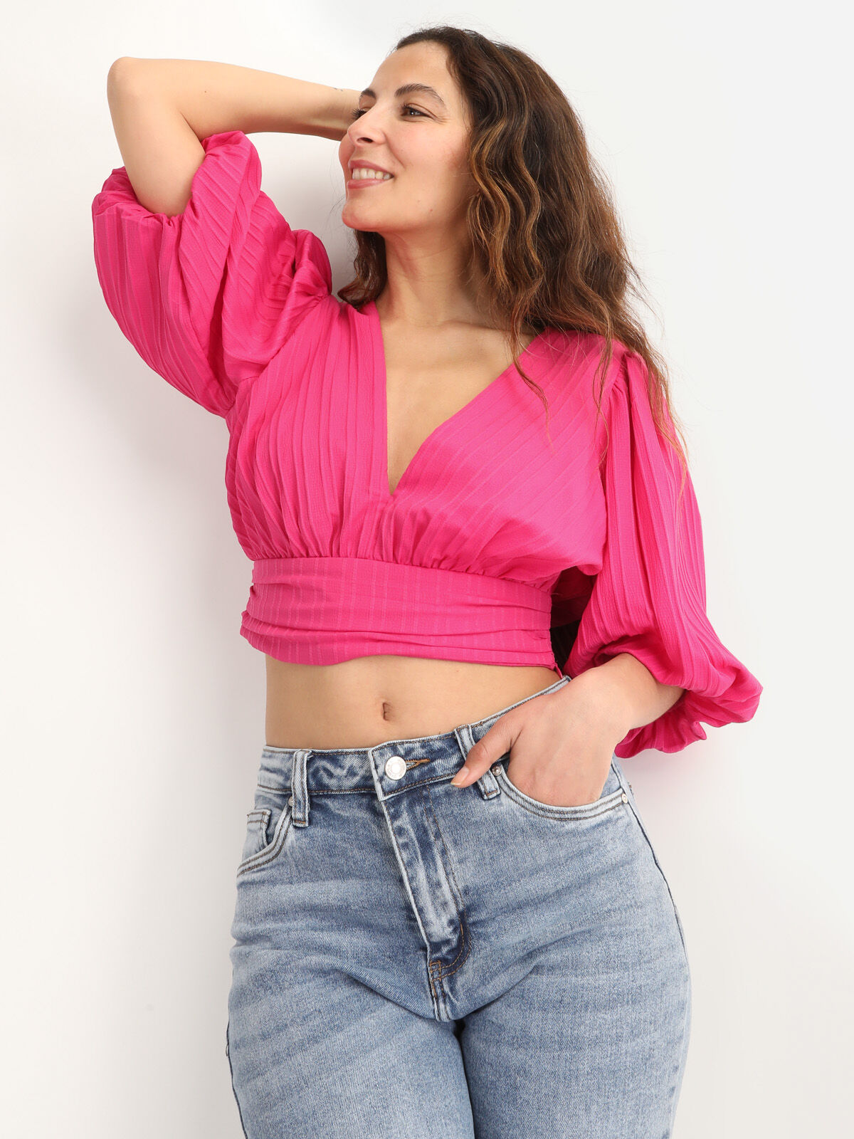 Crop Top plissé à manches ballons- Fuchsia