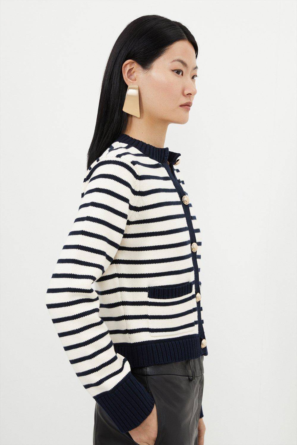 KarenMillen Cardigan en tricot court en coton à rayures et à coupe boxy