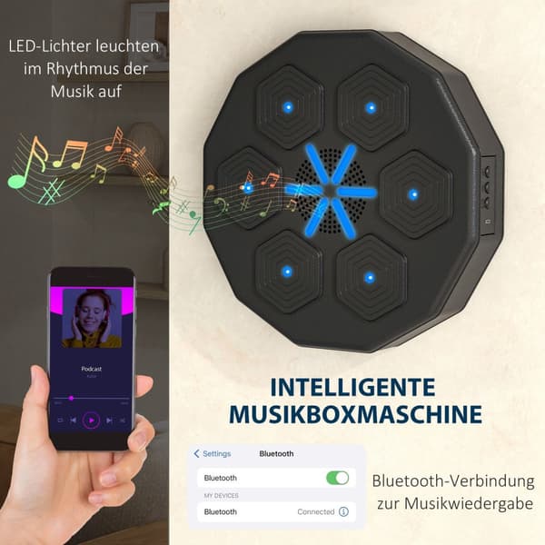 Musikkboksemaskin, elektronisk Bluetooth-boksemaskin med musikk, LED, veggmontert smartboksingmål for voksne, hjemmetrening