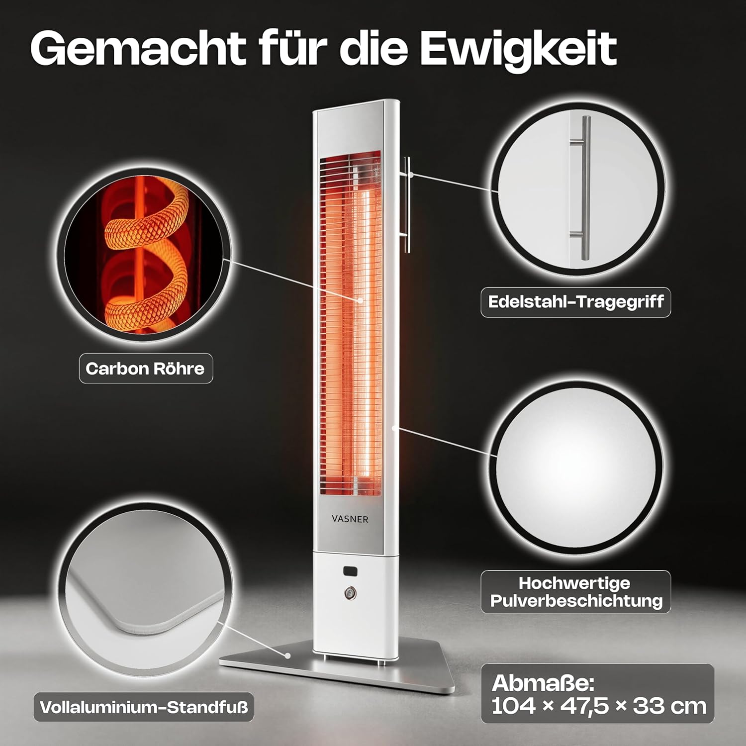 VASNER HeatTower weiß + AirCape schwarz – Infrarot Standheizstrahler 2500 Watt mit Abdeckhaube, Heizstrahler Terrasse, 4 Heizstufen, Fernbedienung, Terrassenstrahler elektrisch, IP65 Outdoor Schutz