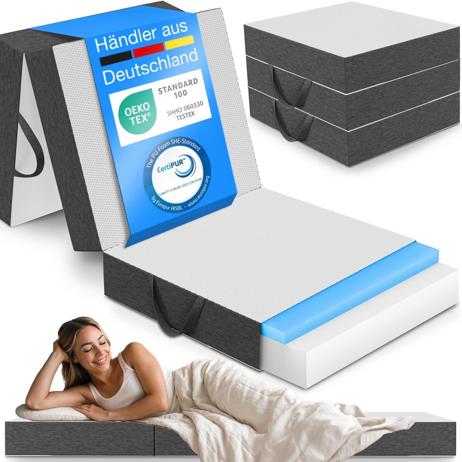 ELONEO Premium Visco Klappmatratze 75x200 cm, extra hoch 15 cm, Gästematratze klappbar, Faltmatratze, Faltbare Matratze, Bandscheibenwürfel, Reisematratze, Gästebett klappbar, Klappbett waschbar