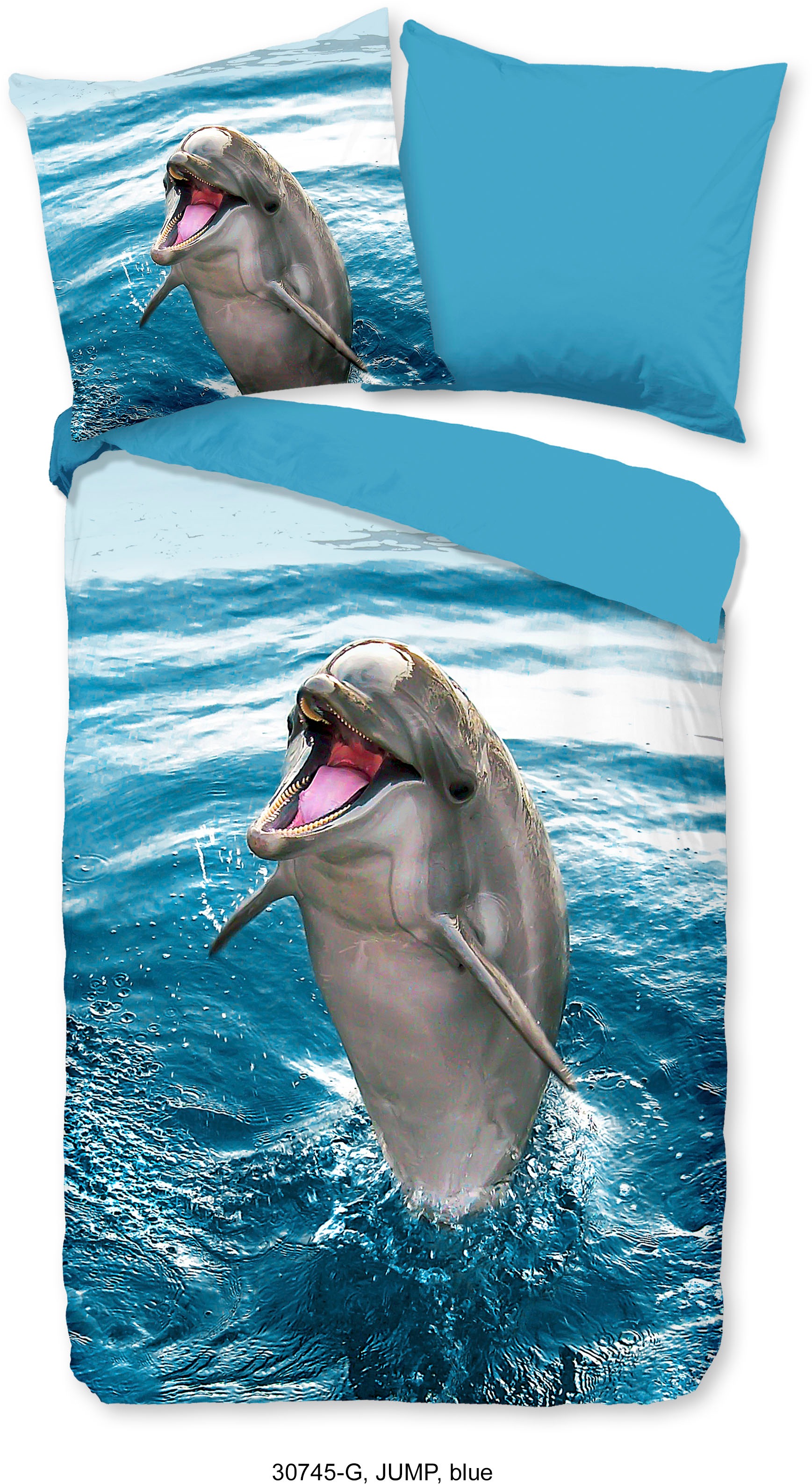 good morning Kinderbettwäsche »Jump« 2 Stk. tlg. 100% Baumwolle, 135x200, Reissverschluss, Wendeoptik, Kind, Delfin Blau