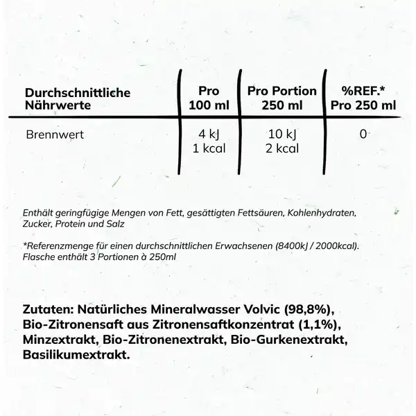 Bio Natürliches Mineralwasser und Extrakte von Minze und Gurke