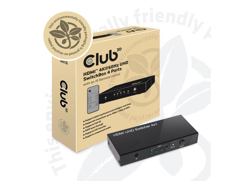 Club 3D Switchbox HDMI 2.0 UHD, 4 Port HDMI 4K 60Hz UHD SwitchBox mit 4 Ports