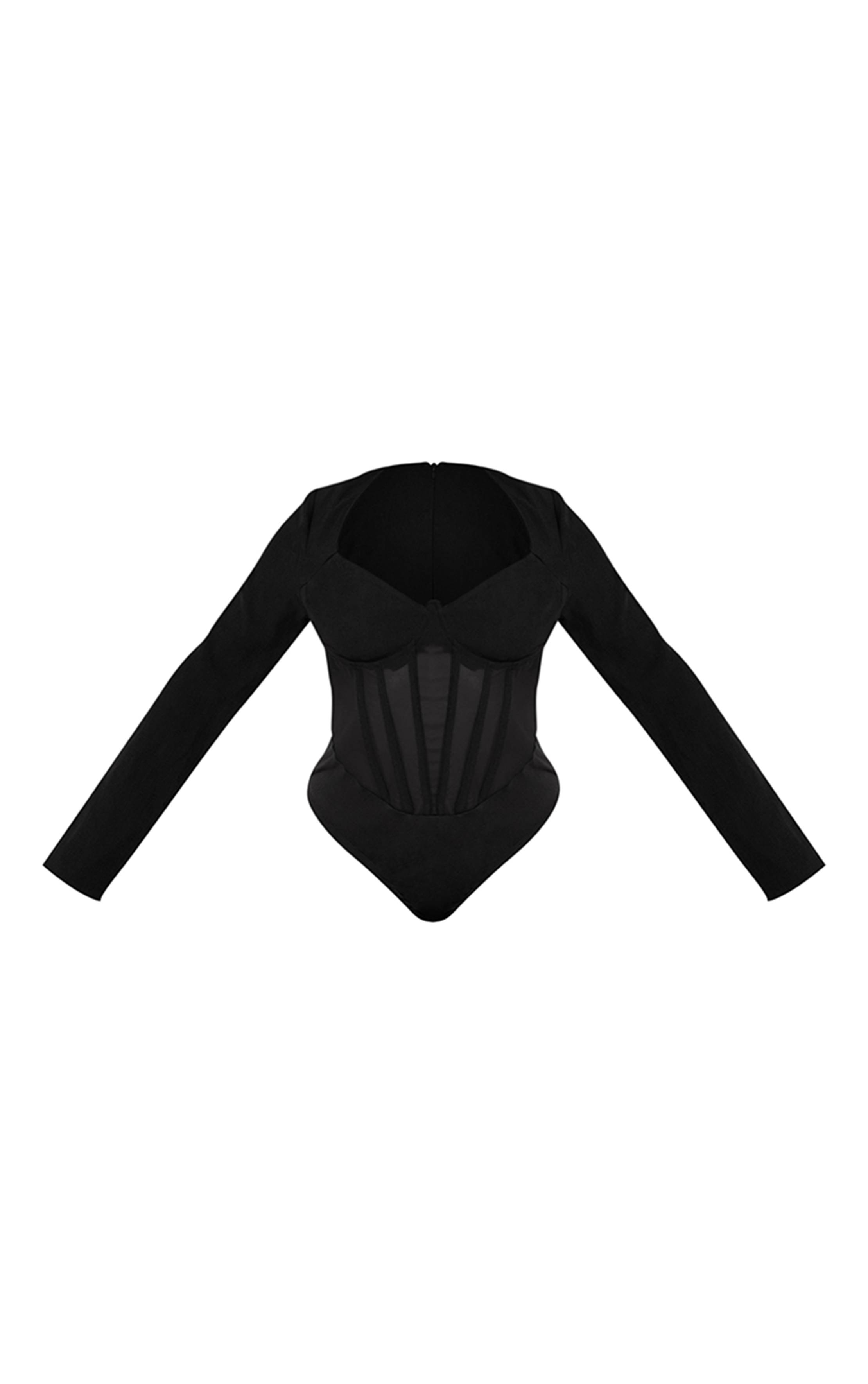 Noir Body Corset Moulant À Manches Longues En Mesh