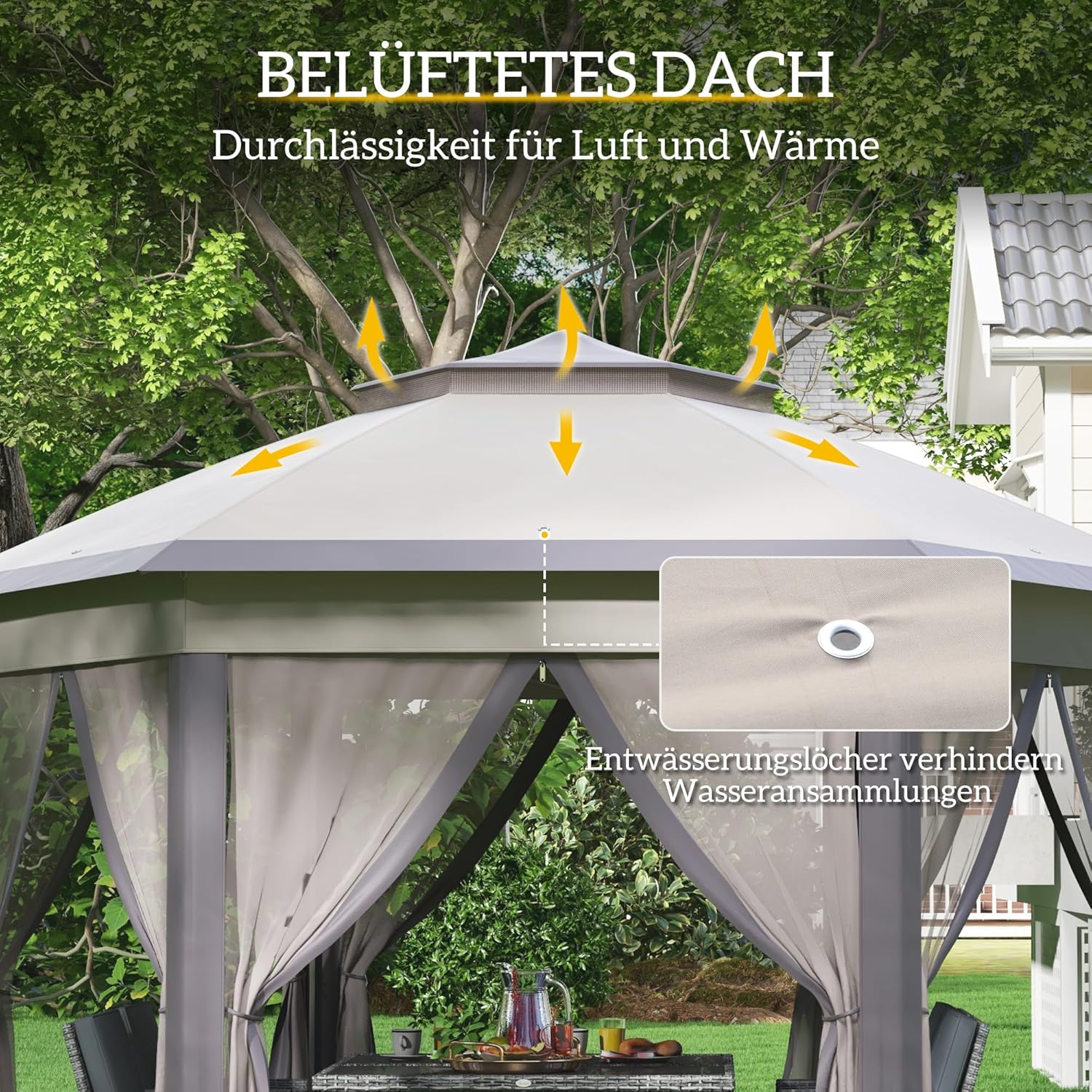 Outsunny Pavillon 4x4m Wasserdicht Pop-up sechseckiger Faltpavillon, Doppeldach, Gartenpavillon mit 6 Seitenteilen, Partyzelt inkl. Tragetasche, für Garten, Terrasse, Festival, Kaffee+Beige