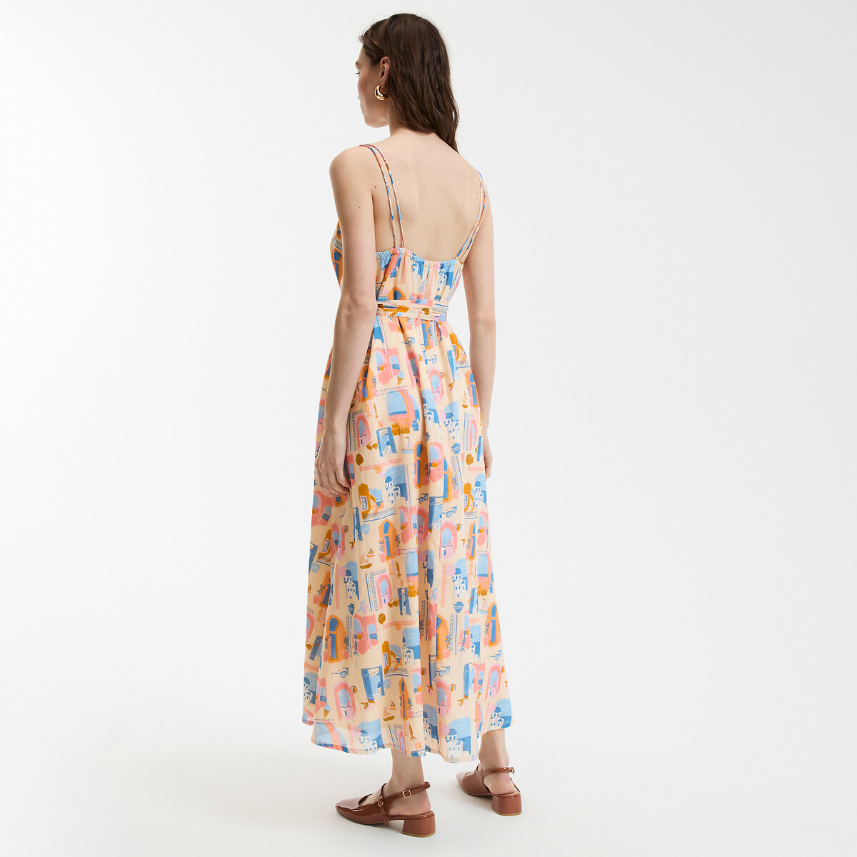 COLEÇÃO LA REDOUTE<br>Vestido maxi estampado com modelagem evasê e alças finas