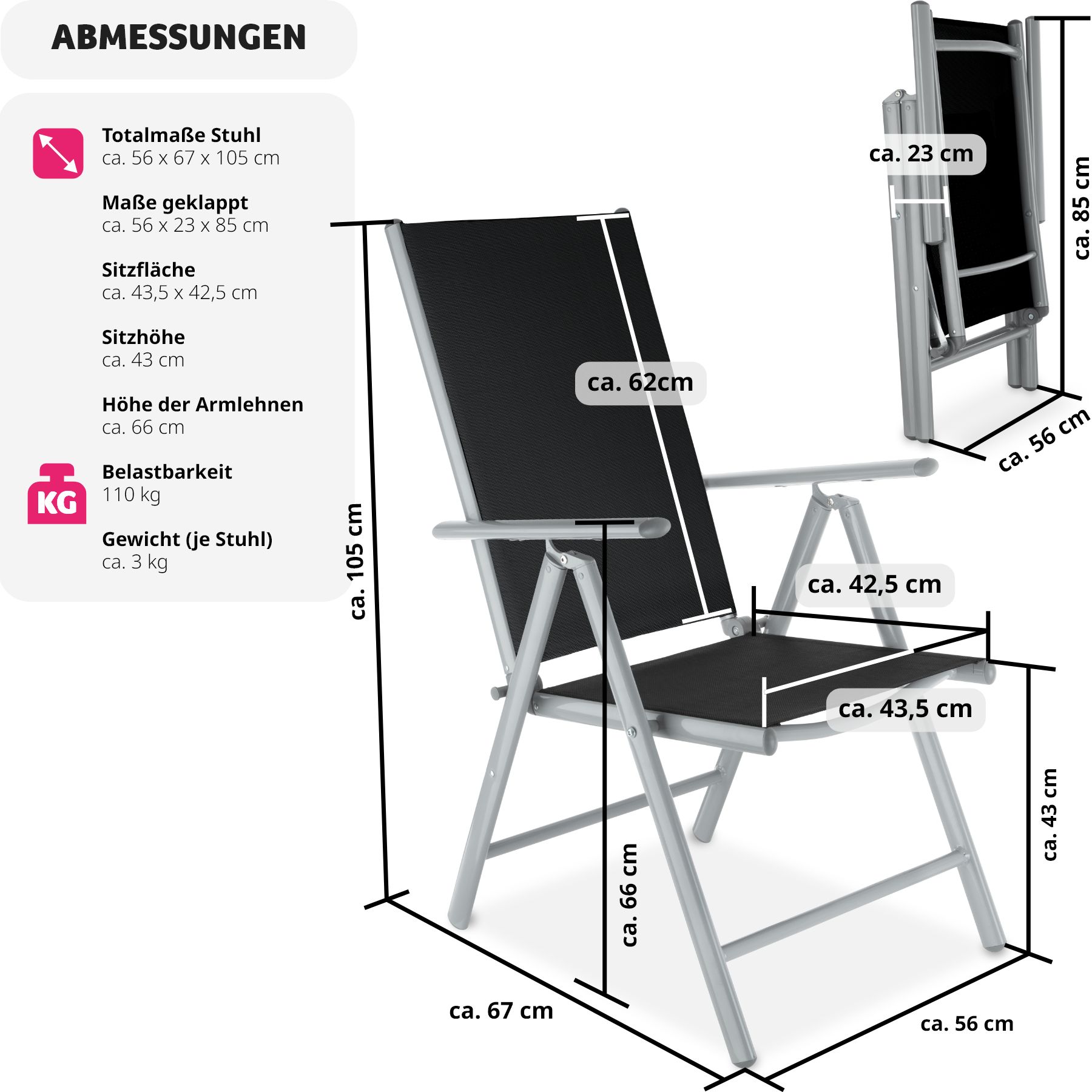 tectake® 2er Set Gartenstuhl, klappbar, 7-fach verstellbare Rückenlehne, 67 x 56 x 105 cm