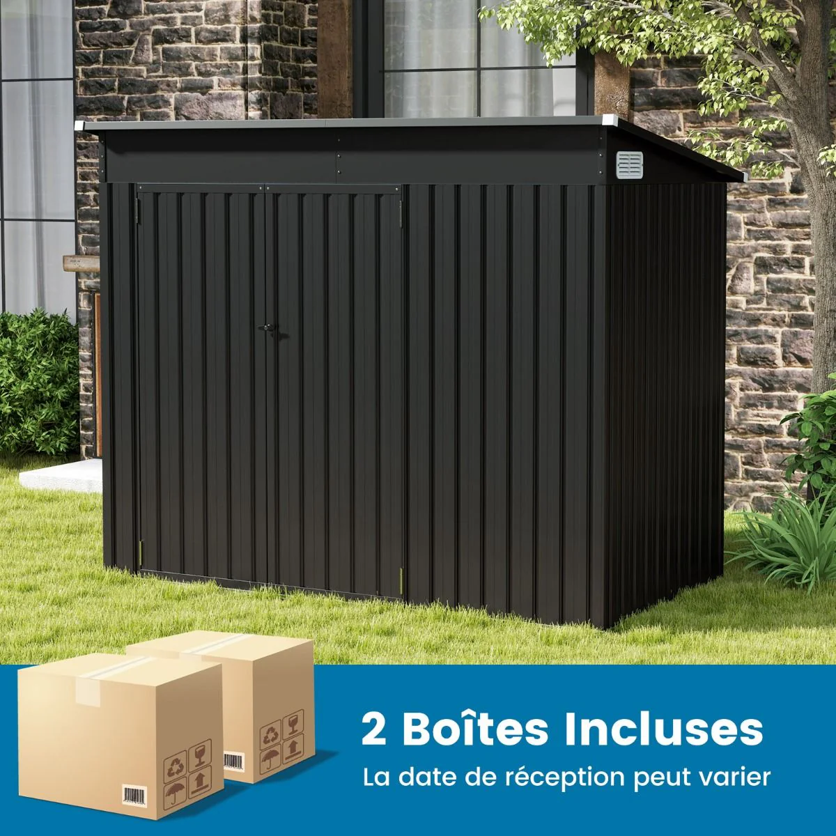 Abri de Jardin Extérieur Abri à Outils de Jardin avec 2 Portes Design Incliné Aérations Cadre en Métal Galvanisé 235x117x185cm Gris Foncé
