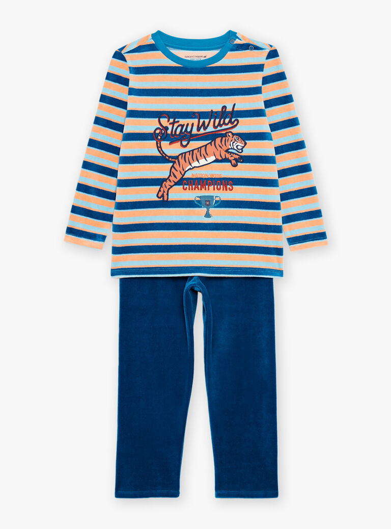 Ensemble pyjama bleu foncé en velours à rayures avec tigre