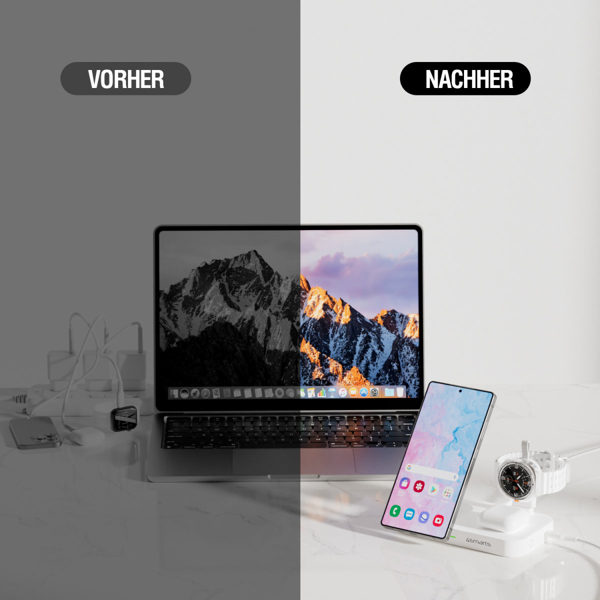 (25W) 3in1 Qi2 Trident MagSafe Wireless Charger für Samsung Galaxy Watch inkl. (35W) Netzteil   USB C Kabel (4S541368) - Weiss