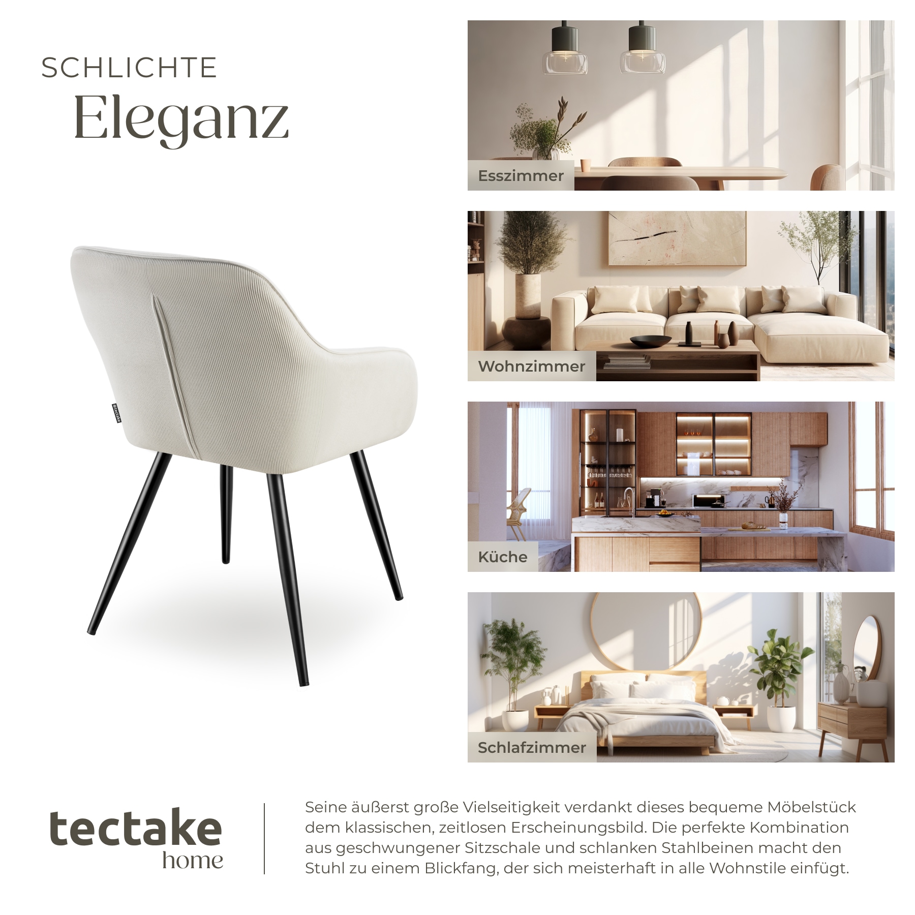 tectake® Esszimmerstuhl, gepolstert, in Cordoptik, robuste Stahlbeine, 58 x 62 x 82 cm