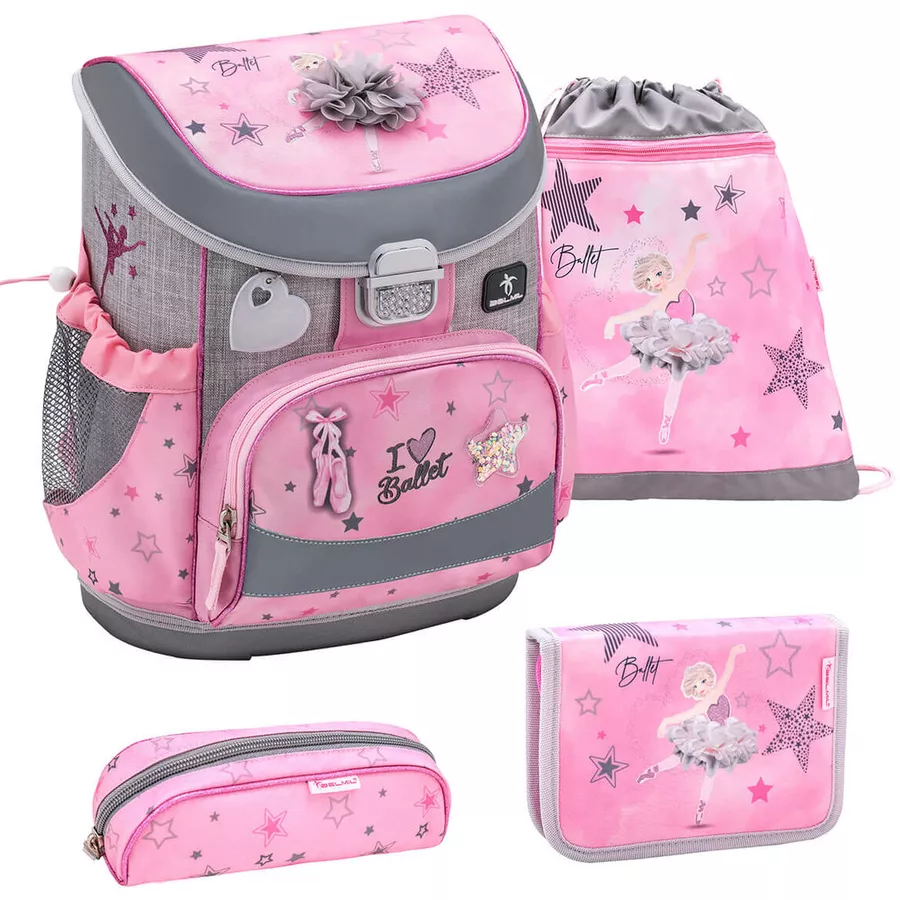 Belmil Schulranzen Mini Fit Schulranzen Set 4-teilig mit Brustgurt Ballet Light Pink