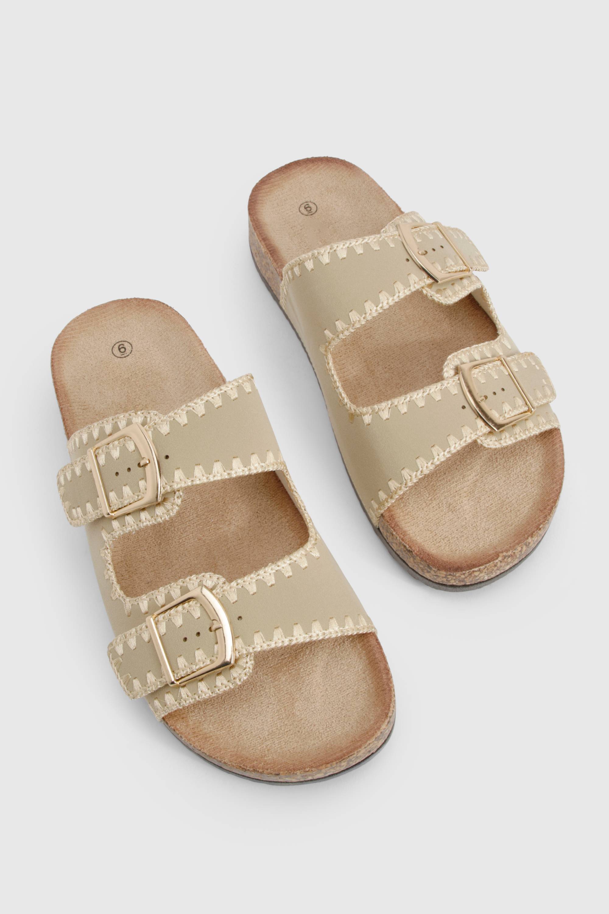 boohoo Contrast Stitch Detail Double Buckle Sliders