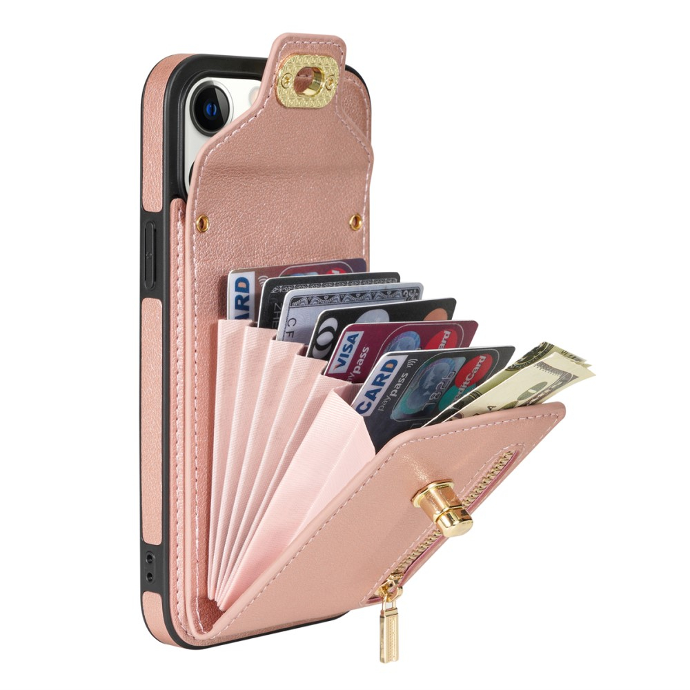 iPhone 15 Pro Max Necklace Leder Schutz Hülle mit Kartenfächer   Handykette (120cm) - Roségold