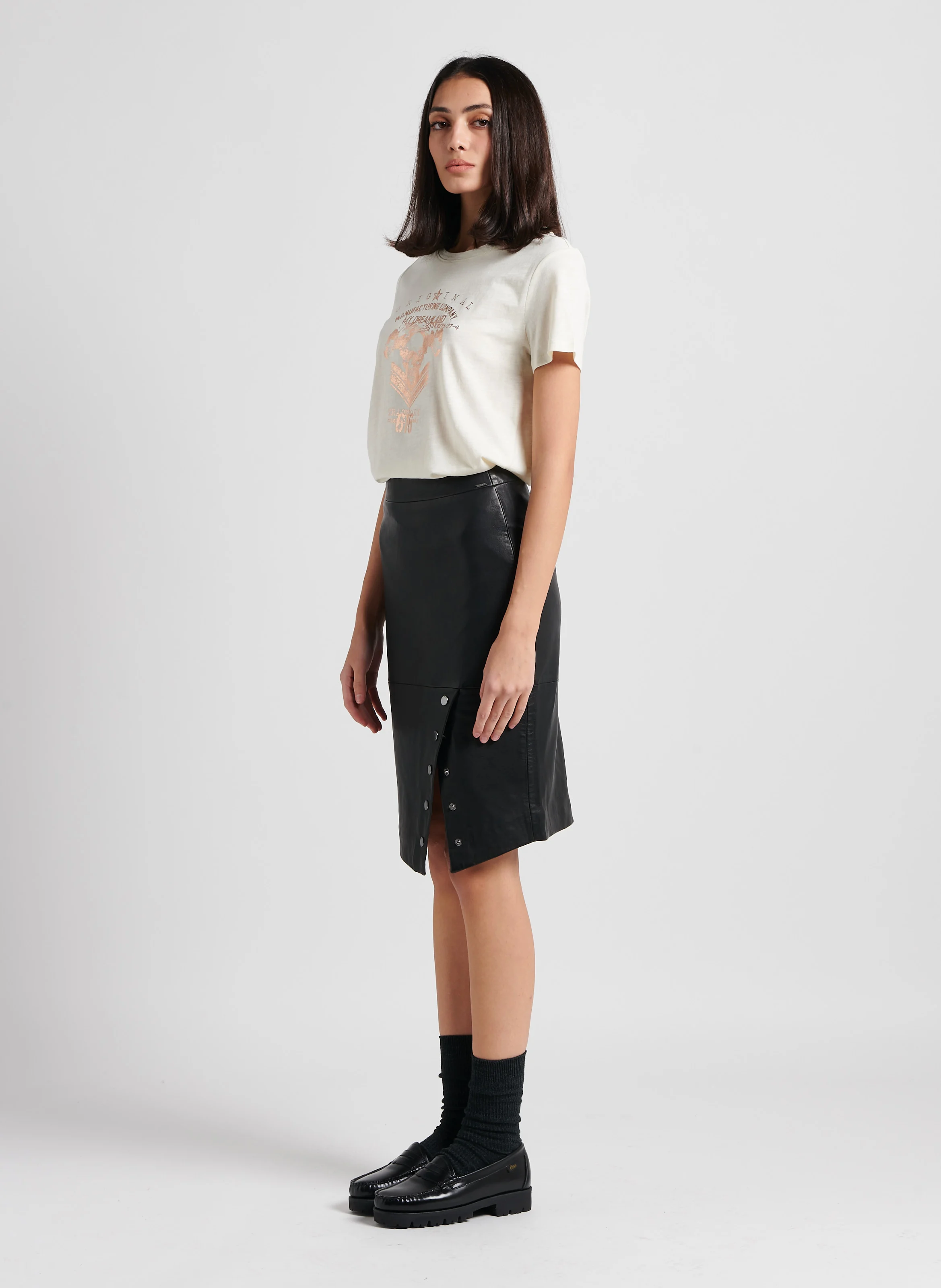 Jupe midi en cuir | Noir
