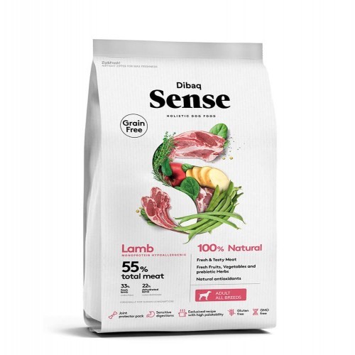 Ração para cães Dibaq Sense sem grãos, sabor cordeiro.
