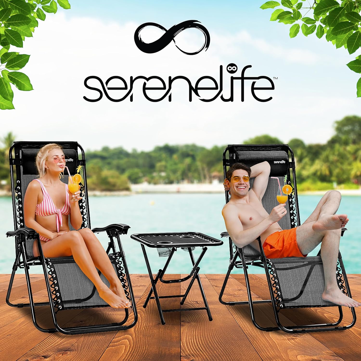 SereneLife Liegestuhl, Gartenliege Klappbar, Strandliege, Sonnenstuhl als Gartenbett mit atmungsaktivem Textil, Verstellbar zum Liegen für Garten & Camping mit Seitentisch, Kopfkissen & Getränkehalter