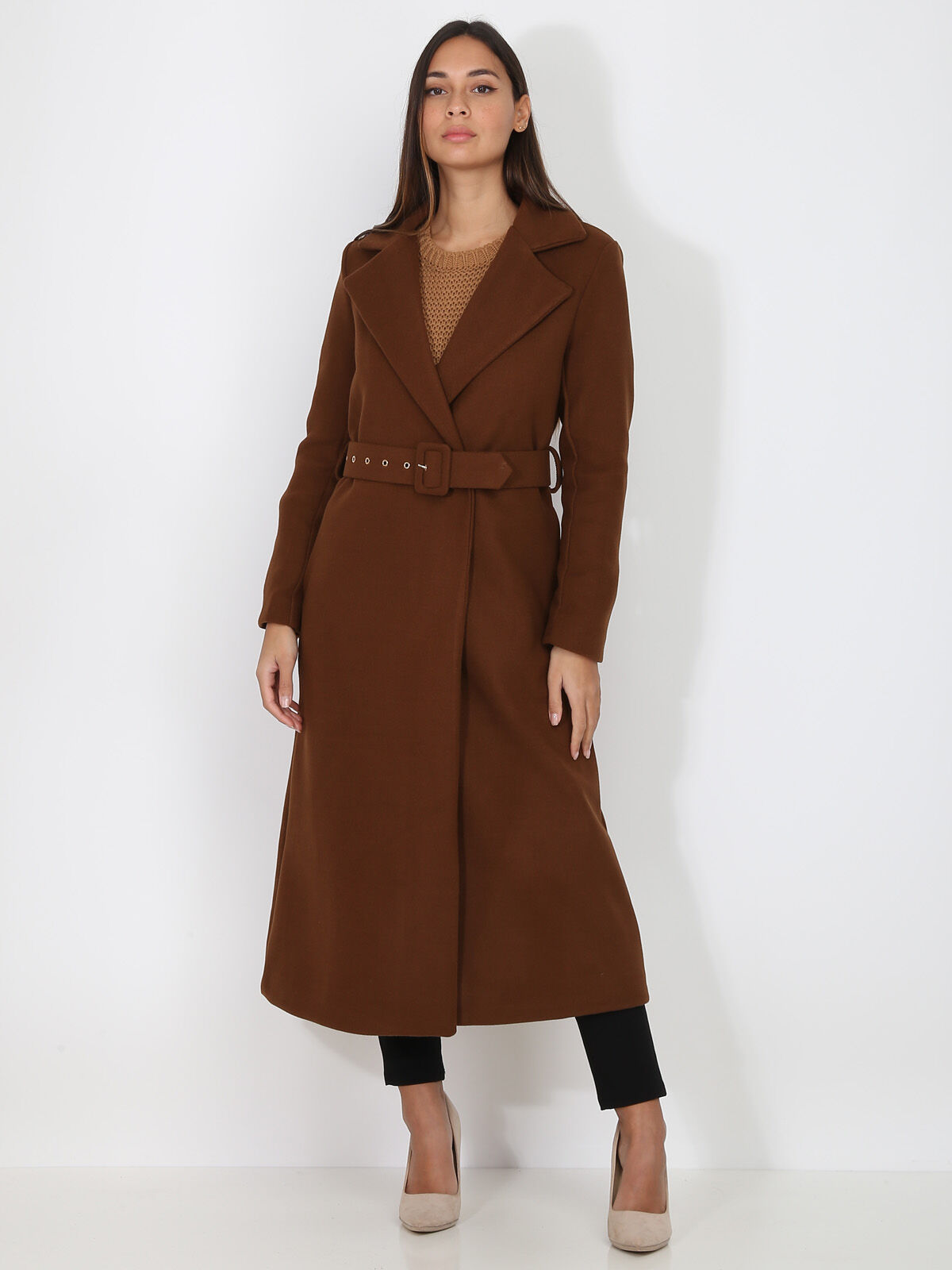 Manteau mi-long croisé et ceinturé- Marron